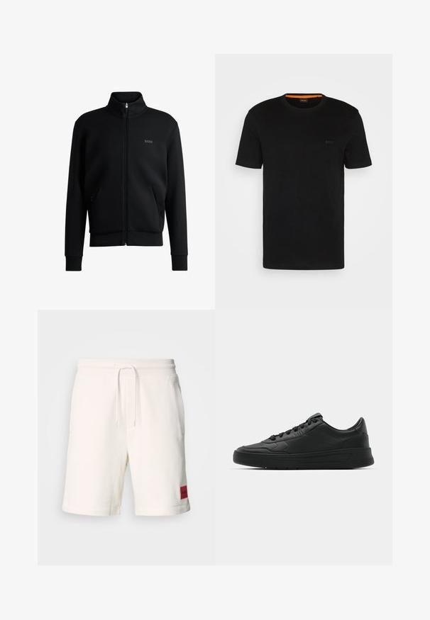 Svart zip-up sweatshirt med hög krage, ribbade manschetter och sidofickor. Har en diskret "BOSS"-logotyp på vänster bröst. Slätt tyg.; Svart t-shirt med kort ärm i mjukt material, med rund halsringning och en subtil logotyp på framsidan. Inuti kragen finns en orange detalj.; Krämfärgade bomullsshorts med elastisk midja, snörning och sidofickor. Har en röd märkespatch på vänster lår.; Svart sneaker med slät läderöverkänsla, rund tå, platta snören, vadderad krage och minimalistisk design. Gummisula med subtilt mönster.