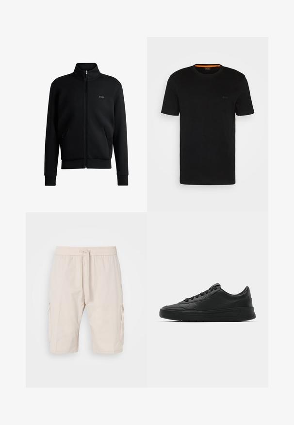 Čierna mikina na zips s vysokým golierom, elastickými manžetami a bočnými vreckami. Obsahuje jemné logo "BOSS" na ľavej hrudi. Hladká tkanina.; Čierne tričko s krátkym rukávom vyrobené z mäkkého materiálu, s okrúhlym výstrihom a jemným logom na prednej strane. Vnútorný golier má oranžový akcent.; Béžové cargo šortky s elastickým pásom a šnúrkou, ktoré majú dve bočné vrecká a hladkú, ľahkú tkaninu.; Čierne tenisky s hladkým koženým zvrškom, okrúlym špičkou, plochými šnúrkami, polstrovaným golierom a minimalistickým dizajnom. Gumená podrážka s jemným vzorom behúňa.