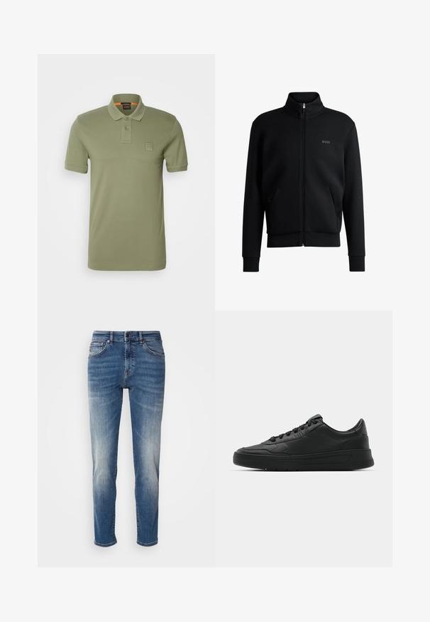 Fekete zipzáras kapucnis pulóver magas gallérral, bordázott mandzsettákkal és oldalsó zsebekkel. Diszkrét "BOSS" logó található a bal melbimen. Simább anyag.; BOSS PASSENGER - Pólóing - open green; Kék farmernadrág egyenes szárú kialakítással, enyhe kopással, klasszikus öt zsebes stílussal és cipzáros, gombos záródással.; Fekete sneaker sima bőr felsőrésszel, kerek orral, lapos fűzőkkel, párnázott nyakkal és minimalista dizájnnal. Gumi talp finom profillal.