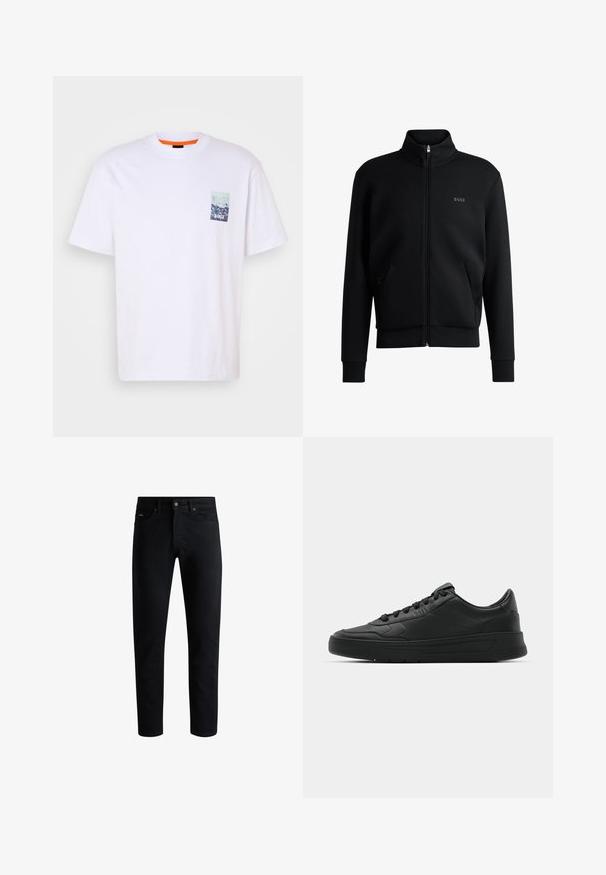 Juodas zip-up megztinis su aukštu apykakle, raukiniais ant rankovių ir šoninėmis kišenėmis. Kairėje krūtinės pusėje yra subtilus "BOSS" logotipas. Lygus audinys.; Balta medvilninė marškinėliai su trumpomis rankovėmis, apvaliu iškirpimu ir mažu mėlynu grafiniu kišenės dizainu su užrašu "BOSS" priekyje.; Juodos slim fit džinsinės kelnės su penkiomis kišenėmis, mygtukų uždarymu ir diržo kilpomis, parodytos prieš baltą foną.; Juodi sportiniai batai su lygia odine viršutine dalimi, apvaliu pirštu, plokščiomis raišteliais, pagaminta su paminkštinta apykakle ir minimalizmo dizainu. Guma padais su subtilia protektoriaus raštu.