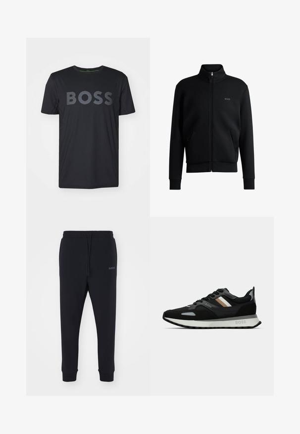Svart glidelås sweatshirt med høy krage, ribbede mansjetter og sidelommer. Har en subtil "BOSS"-logo på venstre bryst. Glatt stoff.; Svart kortermet T-skjorte laget av glatt stoff, med en fremtredende "BOSS"-logo i et subtilt stripet mønster over brystet.; Sorte sweatsbukser laget av mykt materiale med elastisk midjebånd, snor og avsmalnende bein. Har et lite logo på siden.; Svart løpetreningssko med teksturert overflate, lysegrå detaljer og tre horisontale striper i brunt. Har en hvit polstret såle.