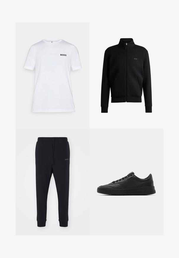 Svart zip-up sweatshirt med hög krage, ribbade manschetter och sidofickor. Har en diskret "BOSS"-logotyp på vänster bröst. Slätt tyg.; Vit bomullströja med korta ärmar och rund hals, som har en svart "BOSS" logotyp på vänster bröst och kontrasterande tygdetaljer.; Svarta sweatpants i mjukt material med elastisk midja, dragsko och smalnande ben. Har en liten logotyp på sidan.; Svart sneaker med slät läderöverkänsla, rund tå, platta snören, vadderad krage och minimalistisk design. Gummisula med subtilt mönster.