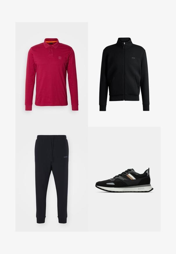 Crni zip-up dukserica s visokim ovratnikom, rebrastim manžetama i bočnim džepovima. Sadrži suptilan "BOSS" logo na lijevoj strani prsnog koša. Glatka tkanina.; Polo majica dugih rukava u čvrstoj burgundijskoj boji od pamuka, sa tri dugmeta, rebrastim manžetama i malim logotipom na prsima.; Crne trenerke napravljene od mekog materijala s elastičnim pojasom, vezicom i suženim nogavicama. Imaju mali logo sa strane.; Crne trkačke tenisice s teksturiranom površinom, svijetlosivim akcentima i tri horizontalne pruge u smeđoj boji. Imaju bijelu podstavljenu potplat.
