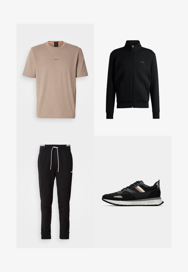 Črna zip-up pulover s visokim ovratnikom, rebrastimi manšetami in stranskimi žepi. Ima subtilno logo "BOSS" na levem prsnem delu. Gladka tkanina.; Bež majica s kratkimi rokavi in krobnim ovratnikom z logotipom "BOSS" sredi prsnega dela, prikazana na enobarvni svetli podlagi.; Črne slim-fit trenirke s belim vrvico, rebrastimi manšetami in subtilnim logotipom na zgornjem stegnu na enobarvnem ozadju.; Črne tekaške čevlje z teksturirano površino, svetlo sivi poudarki in tremi vodoravnimi črtami v rjavi barvi. Imajo belo oblazinjeno podplat.