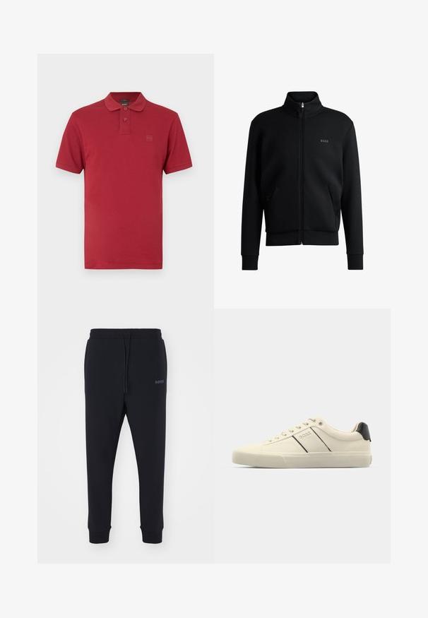 Sweatshirt preto com fecho e colar alto, punhos canelados e bolsos laterais. Apresenta um discreto logótipo "BOSS" no lado esquerdo do peito. Tecido suave.; Polo vermelha de corte justo, com mangas curtas, dois botões na pala e pequeno logótipo em relevo no peito esquerdo.; Calças de fato pretas feitas de material macio, com uma cintura elástica, cordão e pernas ajustadas. Apresenta um pequeno logotipo de lado.; Sapatilhas de cor creme com uma textura suave, apresentando detalhes e marcação em preto. Design clássico com atacadores e bico redondo, e sola de borracha.