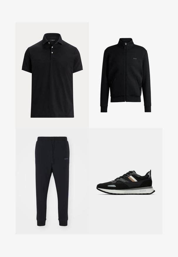 Svart zip-up sweatshirt med hög krage, ribbade manschetter och sidofickor. Har en diskret "BOSS"-logotyp på vänster bröst. Slätt tyg.; Svart pikétröja med korta ärmar, tre vita knappar och uppvikt krage.; Svarta sweatpants i mjukt material med elastisk midja, dragsko och smalnande ben. Har en liten logotyp på sidan.; Svart löparsko med en texturerad yta, ljusgrå detaljer och tre horisontella ränder i brunt. Har en vit stoppad sula.