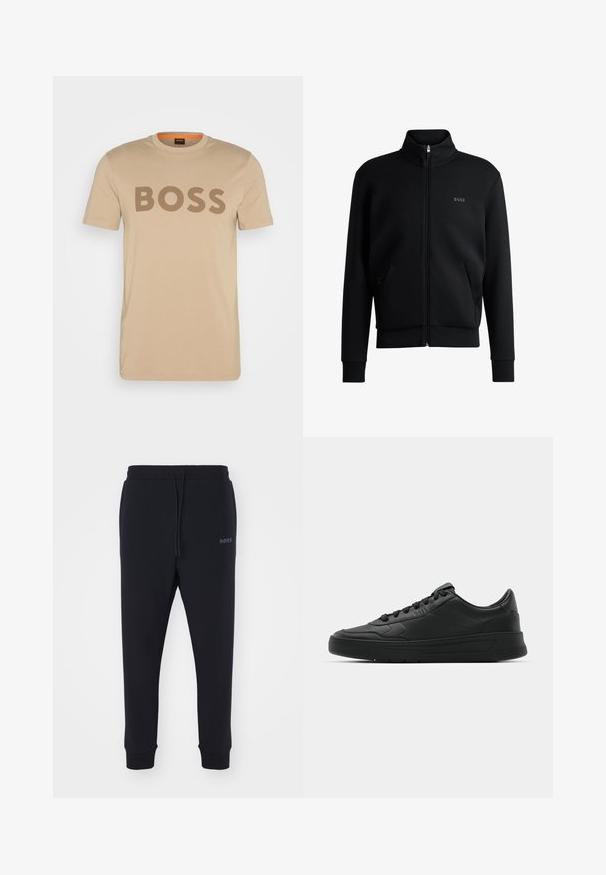 Sweatshirt preto com fecho e colar alto, punhos canelados e bolsos laterais. Apresenta um discreto logótipo "BOSS" no lado esquerdo do peito. Tecido suave.; BOSS THINKING - T-shirt estampada - open brown; Calças de fato pretas feitas de material macio, com uma cintura elástica, cordão e pernas ajustadas. Apresenta um pequeno logotipo de lado.; Sapatilha preta com parte superior em couro liso, bico arredondado, cadarços planos, colarinho almofadado e design minimalista. Sola de borracha com padrão de tração discreto.