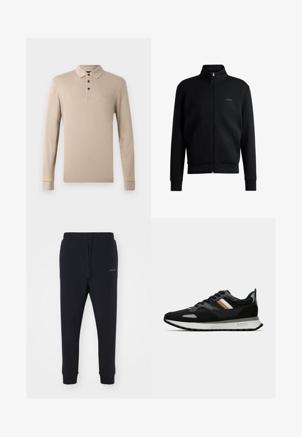 Fekete zipzáras kapucnis pulóver magas gallérral, bordázott mandzsettákkal és oldalsó zsebekkel. Diszkrét "BOSS" logó található a bal melbimen. Simább anyag.; Zöld, hosszú ujjú polo ing, sima pamutból készült, gallérral, három fekete gombbal, és a mellkasán egy hímzett logóval.; Fekete melegítőnadrág, puha anyagból, elasztikus derékkal, zsinórral és szűkülő lábakkal. Oldalt egy kis logó található.; Fekete futócipő, texturált felülettel, világosszürke díszítésekkel és három északi csíkkal barnában. Fehér párnázott talpával rendelkezik.