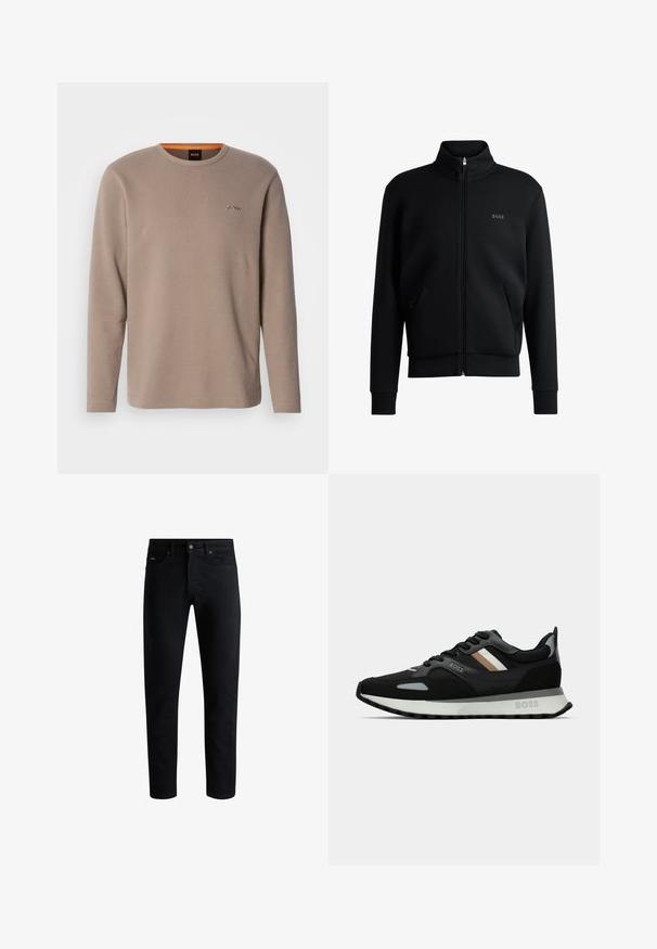 Svart zip-up sweatshirt med hög krage, ribbade manschetter och sidofickor. Har en diskret "BOSS"-logotyp på vänster bröst. Slätt tyg.; Beige långärmad skjorta av ribbat tyg. Har en rund halsringning och en liten broderad logotyp på vänster bröst. Accentuerad med orange på insidan av kragen.; Svarta slim-fit jeans med fem fickor, knäppning med knapp och bälteshällor, visade mot en vit bakgrund.; Svart löparsko med en texturerad yta, ljusgrå detaljer och tre horisontella ränder i brunt. Har en vit stoppad sula.