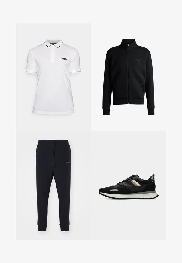 Μαύρο φερμουάρ φούτερ με υψηλό λαιμό, ριγωτούς καρπούς και πλαϊνές τσέπες. Διαθέτει μια διακριτική λογότυπο "BOSS" στο αριστερό στήθος. Λείο ύφασμα.; Λευκό πόλο μπλουζάκι από λείο ύφασμα, με μαύρο γιακά με ρίγες, τρεις κουμπότρυπες και το λογότυπο "BOSS" σε μαύρο χρώμα.; Μαύρες φόρμες από μαλακό υλικό με ελαστική μέση, κορδόνι και κνήμες που στενεύουν. Διαθέτουν ένα μικρό λογότυπο στο πλάι.; Μαύρο αθλητικό παπούτσι με υφασμάτινη επιφάνεια, ανοιχτό γκρι λεπτομέρειες και τρεις οριζόντιες ρίγες σε καφέ χρώμα. Διαθέτει λευκή μαλακή σόλα.