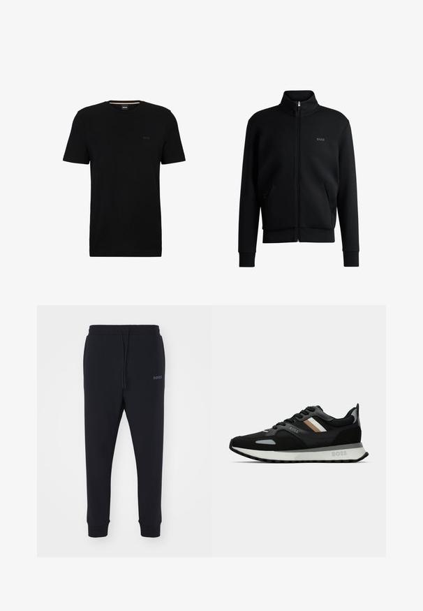 Melns zip-up džemperis ar augstu apkakli, ribotām aprocēm un sānu kabatām. Uz kreisā krūša ir smalks "BOSS" logo. Gluda auduma.; Melnas kokvilnas t-krekls ar apaļu kakla izgriezumu, īsām piedurknēm un tonālā BOSS logo kreisajā krūtī. Gluda tekstūra, vienkāršs dizains, standarta piegriezums.; Melnas sporta bikses, izgatavotas no mīksta materiāla ar elastīgu jostasvietu, auklu un sašaurinātām kājām. Iekļauta arī maza emblēma sānos.; Melnas skrienamās kurpes ar teksturētu virsmu, gaiši pelēkiem akcentiem un trim horizontālām svītrām brūnā krāsā. Iespējo baltu polsterētu zoli.