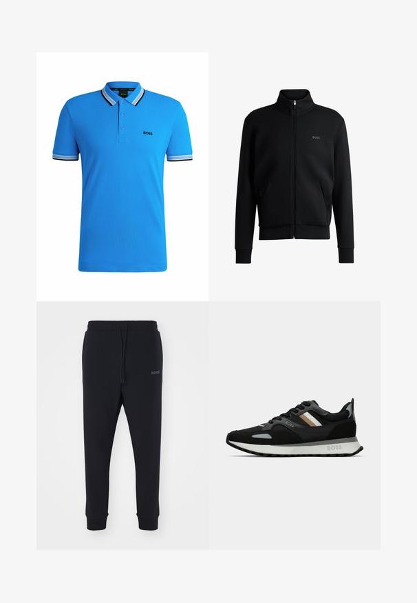 Μαύρο φερμουάρ φούτερ με υψηλό λαιμό, ριγωτούς καρπούς και πλαϊνές τσέπες. Διαθέτει μια διακριτική λογότυπο "BOSS" στο αριστερό στήθος. Λείο ύφασμα.; BOSS PADDY - Πόλο - open blue one; Μαύρες φόρμες από μαλακό υλικό με ελαστική μέση, κορδόνι και κνήμες που στενεύουν. Διαθέτουν ένα μικρό λογότυπο στο πλάι.; Μαύρο αθλητικό παπούτσι με υφασμάτινη επιφάνεια, ανοιχτό γκρι λεπτομέρειες και τρεις οριζόντιες ρίγες σε καφέ χρώμα. Διαθέτει λευκή μαλακή σόλα.