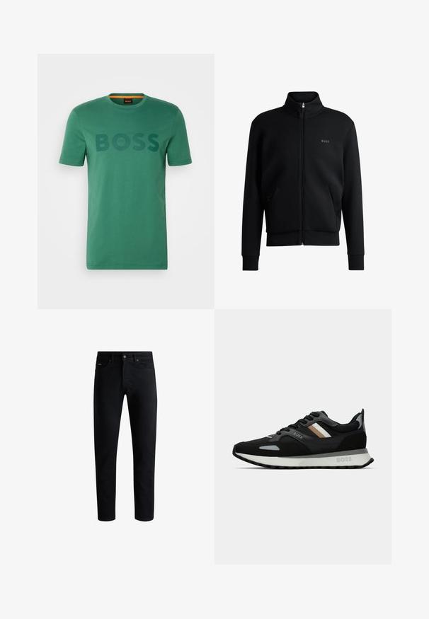 Musta vetoketjullinen huppari, jossa on korkea kaulus, ribattu hihansuu ja sivutaskut. Vasemmassa rinnassa on hillitty "BOSS"-logo. Vaatteen pinta on sileä.; Vihreä puuvillainen t-paita lyhyillä hihoilla ja pyöreällä kaula-aukolla, jossa on rintatutkimukseen tummemmalla vihreällä värillä teksti "BOSS".; Musta kapea slim-fit farkut viidellä taskulla, napitettava sulkeminen ja vyölenkit, esitelty valkoista taustaa vasten.; Musta juoksukenkä, jossa on tekstuuroitu pinta, vaaleanharmaita yksityiskohtia ja kolme vaaleanruskeaa vaakaraitaa. Kenkässä on valkoinen pehmustettu pohja.