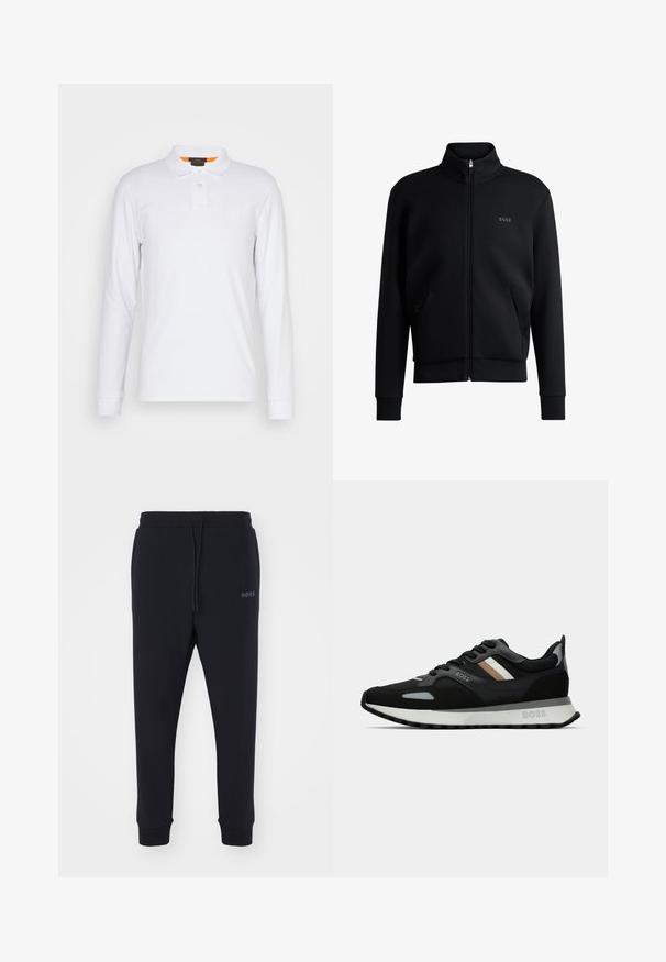 Svart glidelås sweatshirt med høy krage, ribbede mansjetter og sidelommer. Har en subtil "BOSS"-logo på venstre bryst. Glatt stoff.; Hvit langermet polo skjorte laget av bomull, med spiss krage, to-knapps placket og en liten logo på brystet. Oransje aksent inne i kragen.; Sorte sweatsbukser laget av mykt materiale med elastisk midjebånd, snor og avsmalnende bein. Har et lite logo på siden.; Svart løpetreningssko med teksturert overflate, lysegrå detaljer og tre horisontale striper i brunt. Har en hvit polstret såle.