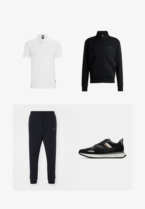 Svart glidelås sweatshirt med høy krage, ribbede mansjetter og sidelommer. Har en subtil "BOSS"-logo på venstre bryst. Glatt stoff.; Hvit polo skjorte laget av bomull, med kragehals, treknappslukking, korte ermer og en subtil merkevarelogo.; Sorte sweatsbukser laget av mykt materiale med elastisk midjebånd, snor og avsmalnende bein. Har et lite logo på siden.; Svart løpetreningssko med teksturert overflate, lysegrå detaljer og tre horisontale striper i brunt. Har en hvit polstret såle.