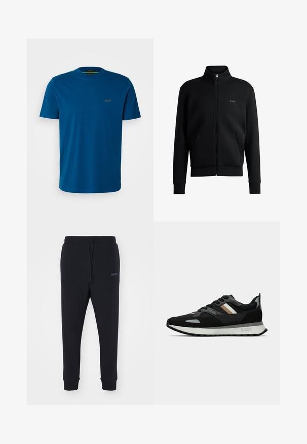 Hanorac negru cu fermoar, cu guler înalt, manșete cu striație și buzunare laterale. Prezintă un logo discret "BOSS" pe pieptul stâng. Material neted.; BOSS TEE - Tricou basic - open blue; Pantaloni sport negri dintr-un material moale, cu talie elastică, șnur de ajustare și picioare conice. Prezintă un mic logo pe lateral.; Adidași de alergare negri cu o suprafață texturată, accente gri aprins și trei dungi orizontale maro. Dispun de o talpă albă pufoasă.