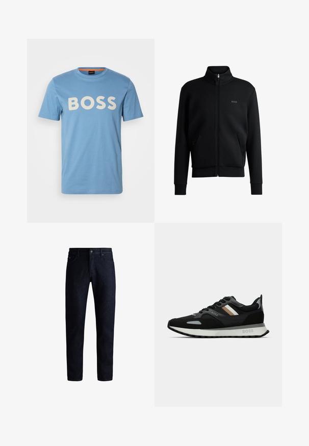 Juodas zip-up megztinis su aukštu apykakle, raukiniais ant rankovių ir šoninėmis kišenėmis. Kairėje krūtinės pusėje yra subtilus "BOSS" logotipas. Lygus audinys.; BOSS THINKING - Marškinėliai su spaudiniu - open blue; Tamsiai mėlynos džinsinės kelnės su klasikiniu penkių kišenių dizainu, tiesiomis kojarankomis ir subtilia tekstūra. Metalinis mygtuko užsegimas juosmens srityje.; Juodas bėgimo batelis su struktūrizuota paviršiumi, šviesiai pilkomis akcentais ir trimis horizontaliosiomis rudo atspalvio juostomis. Savyje turi baltą paminkštintą padu.