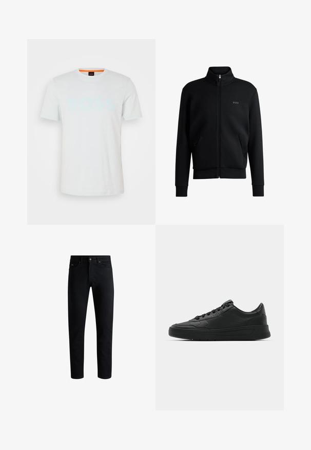 Juodas zip-up megztinis su aukštu apykakle, raukiniais ant rankovių ir šoninėmis kišenėmis. Kairėje krūtinės pusėje yra subtilus "BOSS" logotipas. Lygus audinys.; Balta medvilninė marškinė su trumpomis rankovėmis ir apvaliu kaklu. Priekyje yra šviesiai mėlynas "BOSS" logotipas ir oranžinė etikėtė.; Juodos slim fit džinsinės kelnės su penkiomis kišenėmis, mygtukų uždarymu ir diržo kilpomis, parodytos prieš baltą foną.; Juodi sportiniai batai su lygia odine viršutine dalimi, apvaliu pirštu, plokščiomis raišteliais, pagaminta su paminkštinta apykakle ir minimalizmo dizainu. Guma padais su subtilia protektoriaus raštu.
