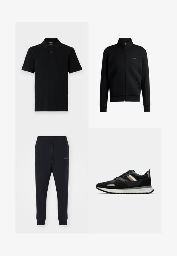 Sweatshirt preto com fecho e colar alto, punhos canelados e bolsos laterais. Apresenta um discreto logótipo "BOSS" no lado esquerdo do peito. Tecido suave.; Polo preta de manga curta com dois botões, gola e punhos canelados, e logótipo em relevo subtil no peito esquerdo.; Calças de fato pretas feitas de material macio, com uma cintura elástica, cordão e pernas ajustadas. Apresenta um pequeno logotipo de lado.; Shoe de corrida preto com uma superfície texturizada, detalhes cinza claro e três riscas horizontais em castanho. Apresenta uma sola branca acolchoada.