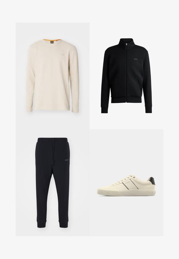 Sweatshirt preto com fecho e colar alto, punhos canelados e bolsos laterais. Apresenta um discreto logótipo "BOSS" no lado esquerdo do peito. Tecido suave.; T-shirt de manga longa em bege claro, feito de tecido texturizado. Apresenta um decote redondo e um pequeno logótipo no peito com um detalhe laranja dentro do colarinho.; Calças de fato pretas feitas de material macio, com uma cintura elástica, cordão e pernas ajustadas. Apresenta um pequeno logotipo de lado.; Sapatilhas de cor creme com uma textura suave, apresentando detalhes e marcação em preto. Design clássico com atacadores e bico redondo, e sola de borracha.