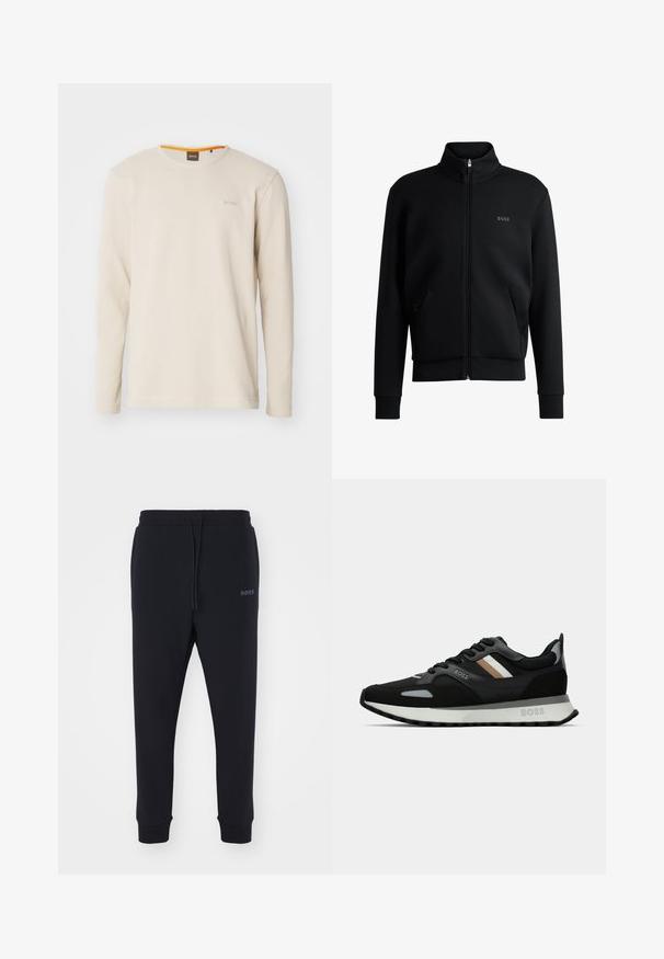 Sweatshirt preto com fecho e colar alto, punhos canelados e bolsos laterais. Apresenta um discreto logótipo "BOSS" no lado esquerdo do peito. Tecido suave.; T-shirt de manga longa em bege claro, feito de tecido texturizado. Apresenta um decote redondo e um pequeno logótipo no peito com um detalhe laranja dentro do colarinho.; Calças de fato pretas feitas de material macio, com uma cintura elástica, cordão e pernas ajustadas. Apresenta um pequeno logotipo de lado.; Shoe de corrida preto com uma superfície texturizada, detalhes cinza claro e três riscas horizontais em castanho. Apresenta uma sola branca acolchoada.