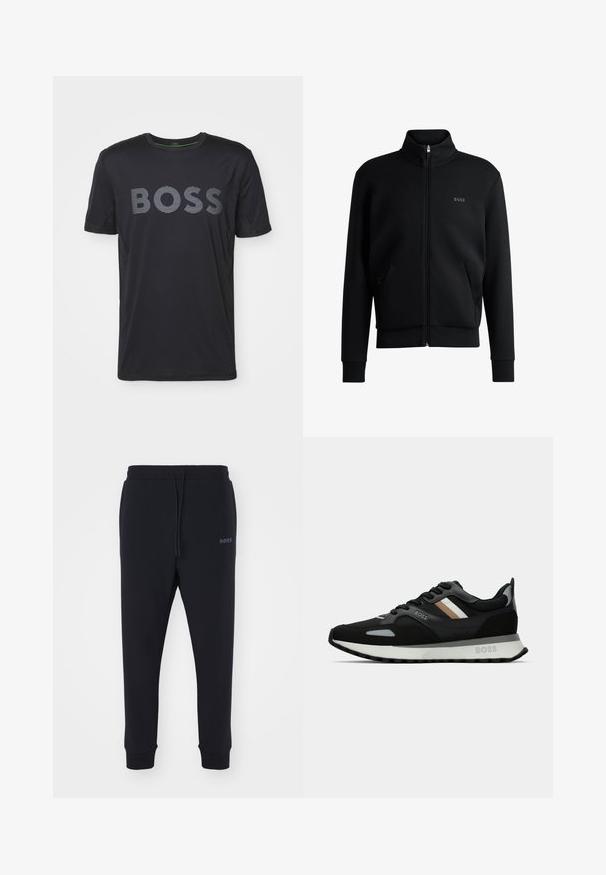 Svart glidelås sweatshirt med høy krage, ribbede mansjetter og sidelommer. Har en subtil "BOSS"-logo på venstre bryst. Glatt stoff.; Svart T-skjorte med kort erme laget av glatt materiale, med ordet "BOSS" i kontrasterende grå striper over brystet.; Sorte sweatsbukser laget av mykt materiale med elastisk midjebånd, snor og avsmalnende bein. Har et lite logo på siden.; Svart løpetreningssko med teksturert overflate, lysegrå detaljer og tre horisontale striper i brunt. Har en hvit polstret såle.