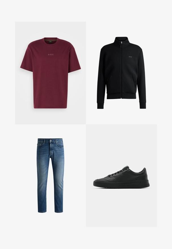 Melns zip-up džemperis ar augstu apkakli, ribotām aprocēm un sānu kabatām. Uz kreisā krūša ir smalks "BOSS" logo. Gluda auduma.; Burgundijas kokvilnas t-krekls ar īsām piedurknēm, apaļu kakla izgriezumu un smalku reljefu "BOSS" logotipu priekšā. Gluda tekstūra, regulāra piegriezuma.; Tumši zili džinsi ar taisnu piegriezumu, piecu kabatu dizainu, vieglu izbalēšanu uz augšstilbiem un vienu pogu jostasvietā.; Melnās kedas ar gludu ādas augšpusi, apaļu purngalu, plakaniem šņorēm, mīkstinātu apkakli un minimālistisku dizainu. Gumijas zole ar smalku rakstu.