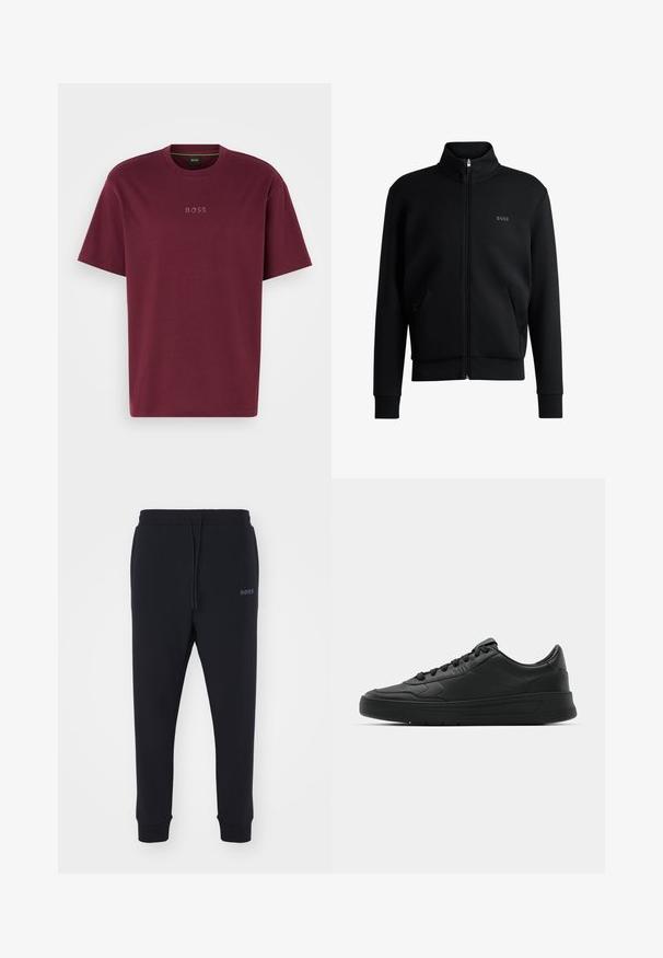 Must-haves mustaja tõmblukkidega kapuutsiga dressipluus, ribakäiste ja küljetaskutega. Vasakul rinnal on peen "BOSS" logo. Sile kangas.; Burgundia puuvillane T-särk lühikeste varrukatega, ümar kaelus ja õrnalt embossed "BOSS" logo ees. Sile tekstuur, regulaarne lõige.; Mustad mustad, pehmeast materjalist, elastse vöökohtadega, nööridega ja kitsenevate jalgadega. Küljel on väike logo.; Mustmustel musta nahast ülemise osaga, ümmarguse varbaga, lamest paeltega, pehmendatud kaeluse ja minimalistliku disainiga. Kummist tald, millel on peen tihenemine.
