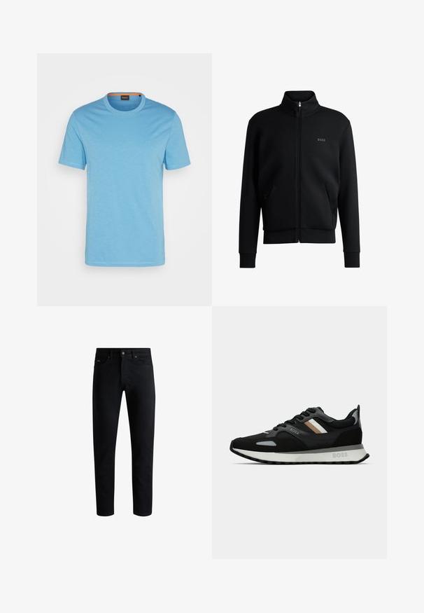 Černá mikina na zip s vysokým límcem, žebrovanými manžetami a bočními kapsami. Na levé straně hrudi je diskrétní logo "BOSS". Hladká tkanina.; BOSS TEGOOD - Jednoduché tričko - open blue; Černé slim-fit džíny s pěti kapsami, zapínáním na knoflík a poutek na opasek, vystavené na bílém pozadí.; Černá běžecká obuv s texturovaným povrchem, světle šedými akcenty a třemi vodorovnými pruhy v hnědé. Obsahuje bílou polstrovanou podešev.