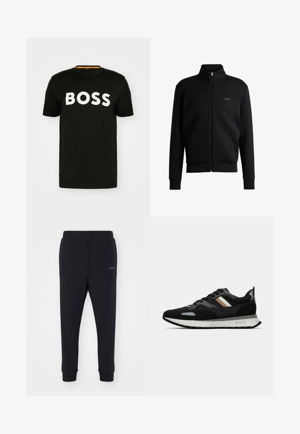 Svart glidelås sweatshirt med høy krage, ribbede mansjetter og sidelommer. Har en subtil "BOSS"-logo på venstre bryst. Glatt stoff.; Svart bomull T-skjorte med korte ermer og rund hals. Har stor hvit "BOSS" skrift på forsiden. Jevn tekstur, uformell design.; Sorte sweatsbukser laget av mykt materiale med elastisk midjebånd, snor og avsmalnende bein. Har et lite logo på siden.; Svart løpetreningssko med teksturert overflate, lysegrå detaljer og tre horisontale striper i brunt. Har en hvit polstret såle.