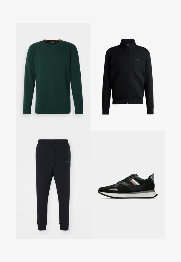 Juodas zip-up megztinis su aukštu apykakle, raukiniais ant rankovių ir šoninėmis kišenėmis. Kairėje krūtinės pusėje yra subtilus "BOSS" logotipas. Lygus audinys.; Žalios spalvos ilgomis rankovėmis termo marškiniai, pagaminti iš tekstūrinio audinio, su apvalia iškirpte ir iškilmingu logotipu kairėje krūtinėje. Pabrėžti oranžiniu vidiniu apykakle.; Juodos sportinės kelnės, pagamintos iš minkštos medžiagos, su elastinga juosta, raišteliu ir aptemptomis kojomis. Šone yra mažas logotipas.; Juodas bėgimo batelis su struktūrizuota paviršiumi, šviesiai pilkomis akcentais ir trimis horizontaliosiomis rudo atspalvio juostomis. Savyje turi baltą paminkštintą padu.