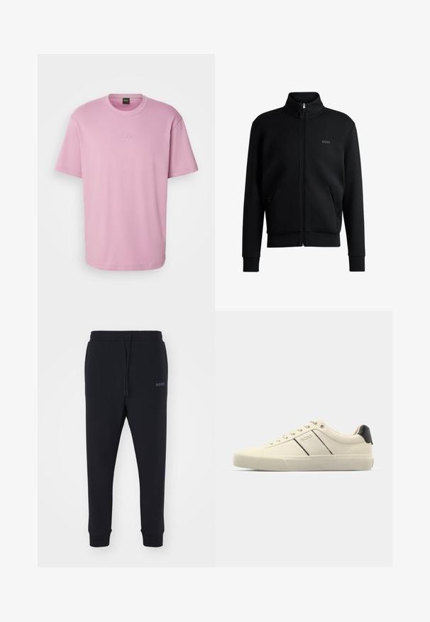 Juodas zip-up megztinis su aukštu apykakle, raukiniais ant rankovių ir šoninėmis kišenėmis. Kairėje krūtinės pusėje yra subtilus "BOSS" logotipas. Lygus audinys.; Rožinė medvilninė marškinė su laisvu siluetu, apvaliu kaklu ir diskretiškai iškilniu "BOSS" logotipu ant krūtinės. Trumpomis rankovėmis ir lygiu paviršiumi.; Juodos sportinės kelnės, pagamintos iš minkštos medžiagos, su elastinga juosta, raišteliu ir aptemptomis kojomis. Šone yra mažas logotipas.; Kreminių spalvų sportbačiai su lygiu paviršiumi, turintys juodus akcentus ir ženklinimą. Klasikinis raištelių užsegimas su apvaliu pirštu ir guminiu padu.