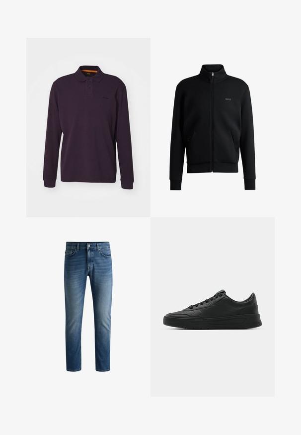 Must-haves mustaja tõmblukkidega kapuutsiga dressipluus, ribakäiste ja küljetaskutega. Vasakul rinnal on peen "BOSS" logo. Sile kangas.; Lilla pika varrukatega polo särk ribatekstuuri, kahest nupust koosneva kaeluse ja tikandiga logoga rinnal. Oranž aksent kaeluse siseküljel.; Tumedat sinised teksad sirge lõikega, viie tasku disainiga, kerge kulumisjälgiga reites ja ühekordse nööbiga vöökohtadel.; Mustmustel musta nahast ülemise osaga, ümmarguse varbaga, lamest paeltega, pehmendatud kaeluse ja minimalistliku disainiga. Kummist tald, millel on peen tihenemine.