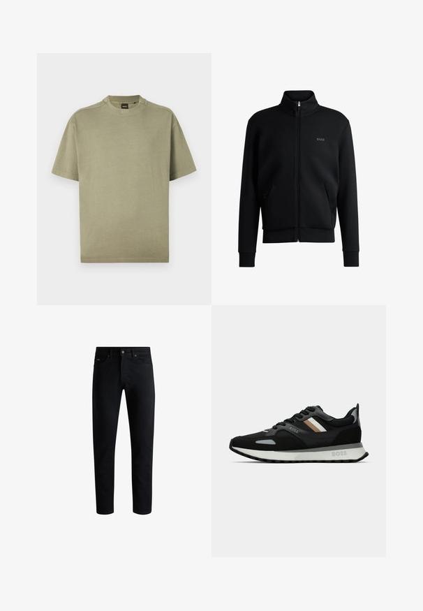 Črna zip-up pulover s visokim ovratnikom, rebrastimi manšetami in stranskimi žepi. Ima subtilno logo "BOSS" na levem prsnem delu. Gladka tkanina.; Olivno zelena majica s kratkimi rokavi iz mehkega bombaža s krožnim ovratnikom in preprostim dizajnom, ki na izrezu vsebuje diskreten logotip.; Črne slim-fit kavbojke z vsemi petimi žepi, zapiranjem na gumb in zankami za pas, prikazane na beli podlagi.; Črne tekaške čevlje z teksturirano površino, svetlo sivi poudarki in tremi vodoravnimi črtami v rjavi barvi. Imajo belo oblazinjeno podplat.