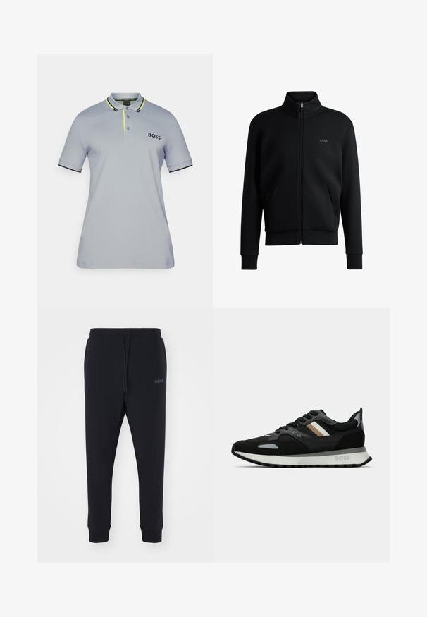Μαύρο φερμουάρ φούτερ με υψηλό λαιμό, ριγωτούς καρπούς και πλαϊνές τσέπες. Διαθέτει μια διακριτική λογότυπο "BOSS" στο αριστερό στήθος. Λείο ύφασμα.; Ανοιχτό γκρι πόλο μπλουζάκι με μαύρες και φωτεινές κίτρινες λεπτομέρειες. Διαθέτει γιακά, τρεις κουμπότρυπες και κεντητό λογότυπο στο στήθος.; Μαύρες φόρμες από μαλακό υλικό με ελαστική μέση, κορδόνι και κνήμες που στενεύουν. Διαθέτουν ένα μικρό λογότυπο στο πλάι.; Μαύρο αθλητικό παπούτσι με υφασμάτινη επιφάνεια, ανοιχτό γκρι λεπτομέρειες και τρεις οριζόντιες ρίγες σε καφέ χρώμα. Διαθέτει λευκή μαλακή σόλα.