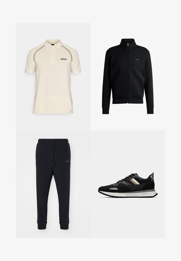 Must-haves mustaja tõmblukkidega kapuutsiga dressipluus, ribakäiste ja küljetaskutega. Vasakul rinnal on peen "BOSS" logo. Sile kangas.; Kreem värvi polo särk, millel on krae, kaks nuppu ja lühikesed varrukad. Omab musti ja oranže aktsenträstripe ning "BOSS" logo.; Mustad mustad, pehmeast materjalist, elastse vöökohtadega, nööridega ja kitsenevate jalgadega. Küljel on väike logo.; Mustmustreen jooksujalats, millel on tekstuuriga pind, helesinised aktsendid ja kolm horisontaalset triipu pruunis. Omab valget pehmendatud tallat.