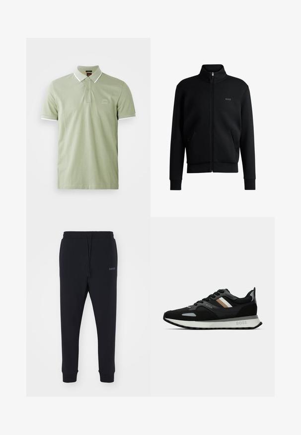 Zwarte zip-up sweatshirt met hoge kraag, geribbelde manchetten en zijzakken. Beschikt over een subtiele "BOSS" logo op de linkerborst. Glad stof.; Lichtgroen polo shirt van katoen, met een klassieke kraag, een twee-knopen sluiting en witte accenten op de kraag en mouwen. Vierkant logo op de borst.; Zwarte joggingsbroek van zacht materiaal met een elastische tailleband, trekkoord en taps toelopende benen. Heeft een klein logo aan de zijkant.; Zwarte hardloopschoen met een gestructureerd oppervlak, lichtgrijze accenten en drie horizontale strepen in bruin. Voorzien van een witte, gevoerde zool.