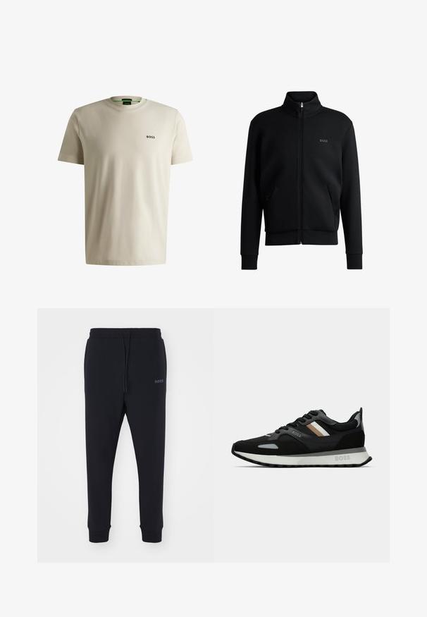 Fekete zipzáras kapucnis pulóver magas gallérral, bordázott mandzsettákkal és oldalsó zsebekkel. Diszkrét "BOSS" logó található a bal melbimen. Simább anyag.; Világos bézs, kerek nyakú póló sima anyagból; bal mellen egy kis fekete "BOSS" logó található. Rövid ujjú és egyenes szabású.; Fekete melegítőnadrág, puha anyagból, elasztikus derékkal, zsinórral és szűkülő lábakkal. Oldalt egy kis logó található.; Fekete futócipő, texturált felülettel, világosszürke díszítésekkel és három északi csíkkal barnában. Fehér párnázott talpával rendelkezik.