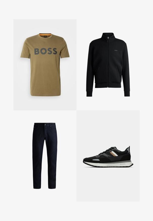 Melns zip-up džemperis ar augstu apkakli, ribotām aprocēm un sānu kabatām. Uz kreisā krūša ir smalks "BOSS" logo. Gluda auduma.; Olīvzaļš kokvilnas t-krekls ar apaļu kakla izgriezumu, ar lielu melnu "BOSS" logo uz krūtīm un īsām piedurknēm.; Tumši zili džinsi ar klasisku piecu kabatu dizainu, taisnas kājas griezumu un smalku tekstūru. Metāla pogas aizdare jostas vietā.; Melnas skrienamās kurpes ar teksturētu virsmu, gaiši pelēkiem akcentiem un trim horizontālām svītrām brūnā krāsā. Iespējo baltu polsterētu zoli.