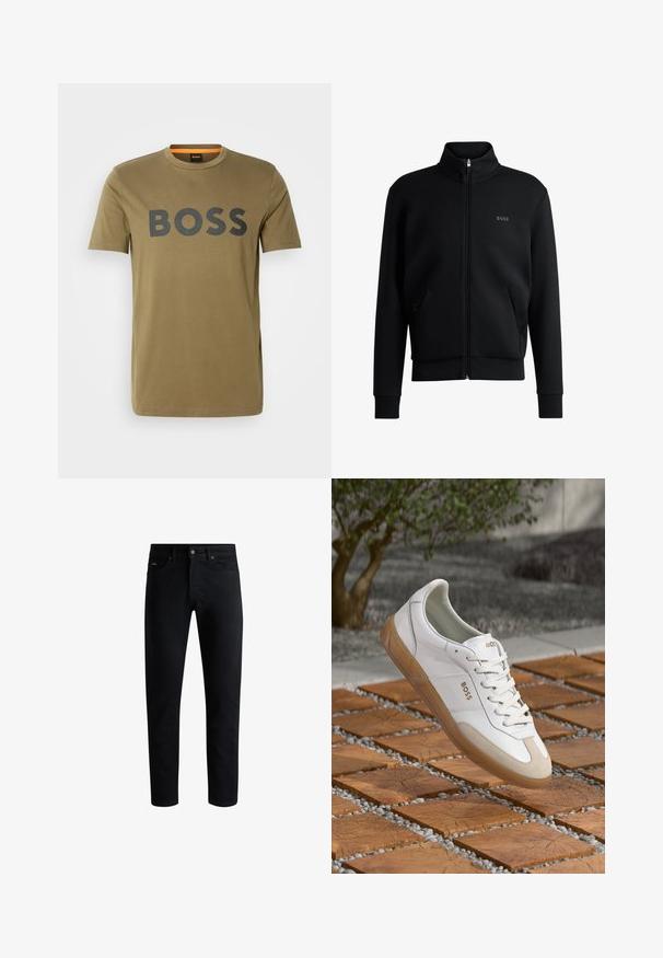 Sudadera negra con cremallera y cuello alto, puños acanalados y bolsillos laterales. Presenta un discreto logo "BOSS" en el lado izquierdo del pecho. Tejido suave.; Camiseta verde oliva de algodón con cuello redondo, que presenta un gran logotipo negro de "BOSS" en el pecho y mangas cortas.; Vaqueros ajustados negros con cinco bolsillos, cierre de botón y trabillas para cinturón, exhibidos sobre un fondo blanco.; Zapatilla de cuero blanca con acentos de ante beige, con puntera redonda, cierre de cordones en la parte delantera y suela de goma marrón, que muestra el nombre de la marca "BOSS."