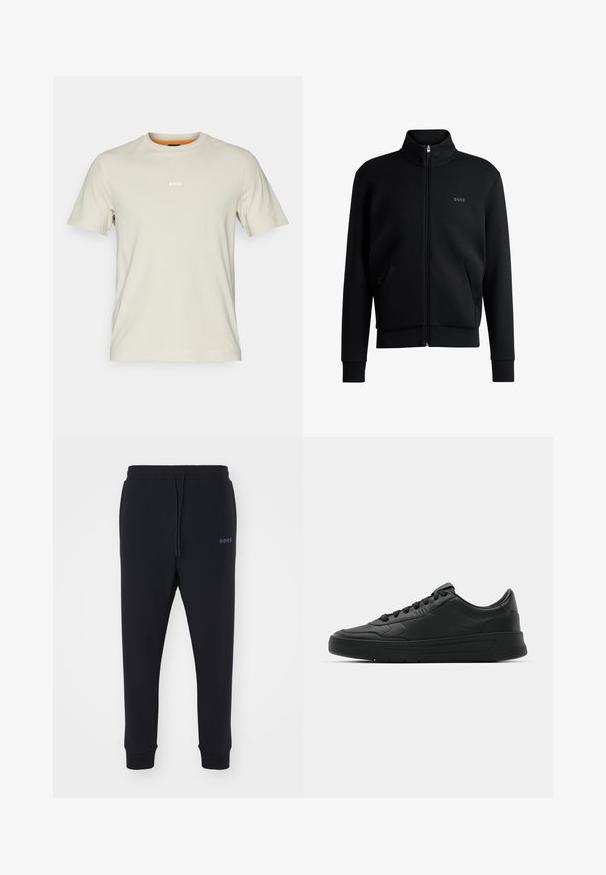 Svart glidelås sweatshirt med høy krage, ribbede mansjetter og sidelommer. Har en subtil "BOSS"-logo på venstre bryst. Glatt stoff.; Beige bomull t-skjorte med korte ermer, rund halslinning og hvit "BOSS" logo på brystet. Glatt tekstur, avslappet passform.; Sorte sweatsbukser laget av mykt materiale med elastisk midjebånd, snor og avsmalnende bein. Har et lite logo på siden.; Sorte sneakers med glatt skinnøvre, rund tå, flate lisser, polstret krage og minimalistisk design. Gummisåle med subtilt mønster.