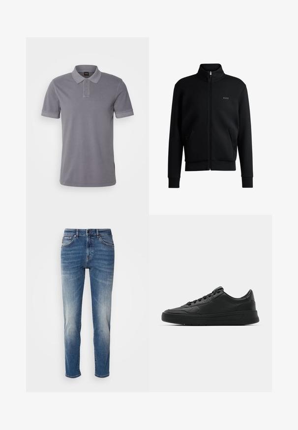 Must-haves mustaja tõmblukkidega kapuutsiga dressipluus, ribakäiste ja küljetaskutega. Vasakul rinnal on peen "BOSS" logo. Sile kangas.; BOSS PRIME - Polosärk - dark grey; Sinine denimist valmistatud teksapükse sirge sääre kujundusega, kerge kulumisefektiga, klassikalise viie-taskuga stiiliga ning lukuga, millel on nupp sulgemiseks.; Mustmustel musta nahast ülemise osaga, ümmarguse varbaga, lamest paeltega, pehmendatud kaeluse ja minimalistliku disainiga. Kummist tald, millel on peen tihenemine.