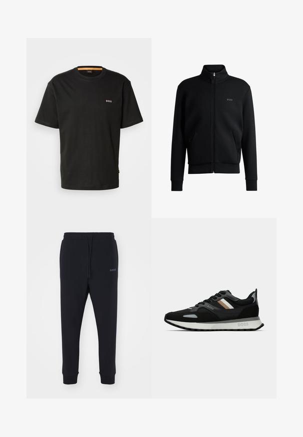 Sort zip-up sweatshirt med høj krave, ribbede manchetter og sidelommer. Har et subtilt "BOSS" logo på venstre bryst. Glat stof.; BOSS GALAXY - T-shirts print - black; Sorte sweatpants lavet af blødt materiale med elastisk talje, snoretræk og tapered ben. Har et lille logo på siden.; Sort løbesko med en tekstureret overflade, lysegrå accenter og tre vandrette striber i brun. Har en hvid polstret sål.