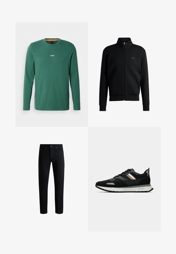 Musta vetoketjullinen huppari, jossa on korkea kaulus, ribattu hihansuu ja sivutaskut. Vasemmassa rinnassa on hillitty "BOSS"-logo. Vaatteen pinta on sileä.; Pitkähihaista vihreää T-paitaa, joka on valmistettu puuvillasta ja jossa on pyöreä kaula-aukko. Paidassa on valkoinen "BOSS"-logo rinnassa ja oranssia yksityiskohtaa kaula-aukon sisäpuolella.; Musta kapea slim-fit farkut viidellä taskulla, napitettava sulkeminen ja vyölenkit, esitelty valkoista taustaa vasten.; Musta juoksukenkä, jossa on tekstuuroitu pinta, vaaleanharmaita yksityiskohtia ja kolme vaaleanruskeaa vaakaraitaa. Kenkässä on valkoinen pehmustettu pohja.