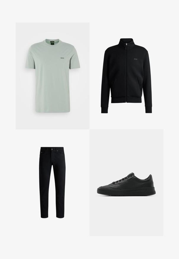 Melns zip-up džemperis ar augstu apkakli, ribotām aprocēm un sānu kabatām. Uz kreisā krūša ir smalks "BOSS" logo. Gluda auduma.; Gaiši zaļš kokvilnas T-krekls ar īsām piedurknēm un apaļu kakla izgriezumu. Ar melnu "BOSS" logo uz krūtīm. Gluda tekstūra.; Melnas šauras piegriezuma džinsi ar piecām kabatām, pogu aizdari un jostu cilpām, attēloti uz baltas fona.; Melnās kedas ar gludu ādas augšpusi, apaļu purngalu, plakaniem šņorēm, mīkstinātu apkakli un minimālistisku dizainu. Gumijas zole ar smalku rakstu.