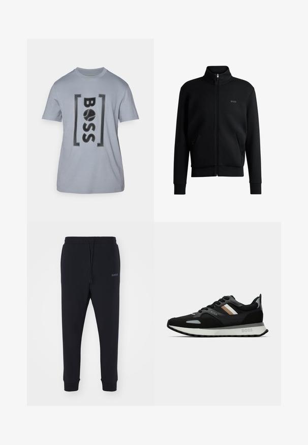 Čierna mikina na zips s vysokým golierom, elastickými manžetami a bočnými vreckami. Obsahuje jemné logo "BOSS" na ľavej hrudi. Hladká tkanina.; Svetlošedé bavlnené tričko s čiernym logom "BOSS" v obdĺžnikovom dizajne. Krátke rukávy a klasický okrúhly výstrih.; Čierne tepláky vyrobené z mäkkého materiálu s elastickým pásom, šnúrkou na stiahnutie a zúženými nohavicami. Obsahujú malé logo na boku.; Čierna bežecká obuv s textúrovaným povrchom, svetlošedými akcentmi a tromi horizontálnymi pruhmi v hnedej farbe. Obsahuje bielu polstrovanú podrážku.