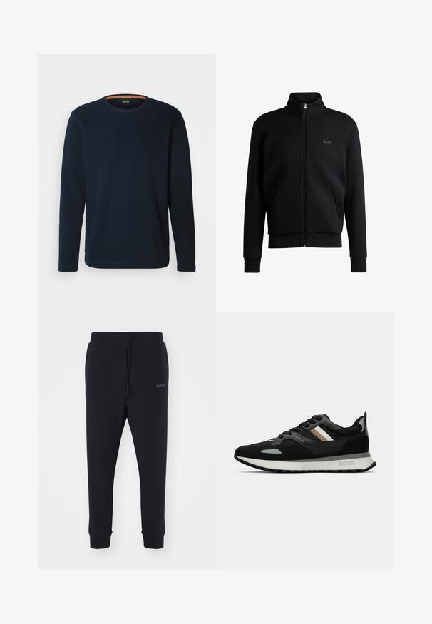 Sweatshirt preto com fecho e colar alto, punhos canelados e bolsos laterais. Apresenta um discreto logótipo "BOSS" no lado esquerdo do peito. Tecido suave.; Camiseta de manga longa azul-marinho feita de misto de algodão, com decote redondo, textura ribada e uma marcação discreta no peito.; Calças de fato pretas feitas de material macio, com uma cintura elástica, cordão e pernas ajustadas. Apresenta um pequeno logotipo de lado.; Shoe de corrida preto com uma superfície texturizada, detalhes cinza claro e três riscas horizontais em castanho. Apresenta uma sola branca acolchoada.