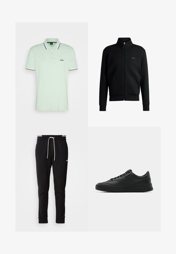 Sweatshirt preto com fecho e colar alto, punhos canelados e bolsos laterais. Apresenta um discreto logótipo "BOSS" no lado esquerdo do peito. Tecido suave.; BOSS PADDY - Polo - open green; Calças de jogging slim-fit pretas com cordão branco, punhos canelados e um logótipo subtil na parte superior da coxa, contra um fundo simples.; Sapatilha preta com parte superior em couro liso, bico arredondado, cadarços planos, colarinho almofadado e design minimalista. Sola de borracha com padrão de tração discreto.