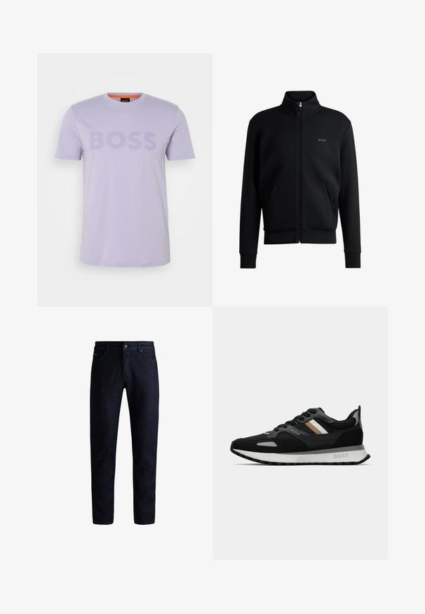 Melns zip-up džemperis ar augstu apkakli, ribotām aprocēm un sānu kabatām. Uz kreisā krūša ir smalks "BOSS" logo. Gluda auduma.; Lava krāsas kokvilnas T-krekls ar apaļu kaklu un īsām piedurknēm, ar vārdu "BOSS" izdrukātu izteiksmīgā lielā fontā pāri krūtīm.; Tumši zili džinsi ar klasisku piecu kabatu dizainu, taisnas kājas griezumu un smalku tekstūru. Metāla pogas aizdare jostas vietā.; Melnas skrienamās kurpes ar teksturētu virsmu, gaiši pelēkiem akcentiem un trim horizontālām svītrām brūnā krāsā. Iespējo baltu polsterētu zoli.