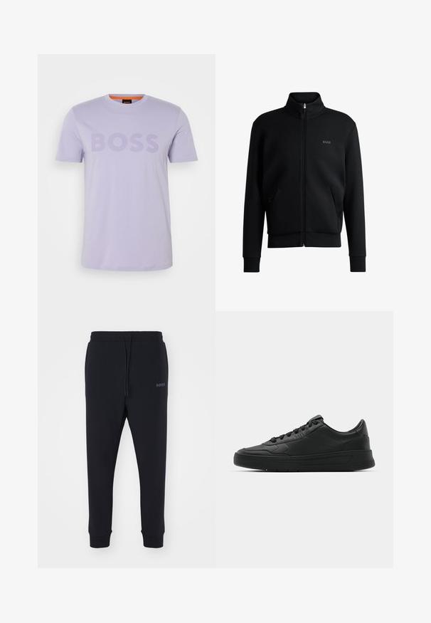 Černá mikina na zip s vysokým límcem, žebrovanými manžetami a bočními kapsami. Na levé straně hrudi je diskrétní logo "BOSS". Hladká tkanina.; Levandulové bavlněné tričko s kulatým výstřihem a krátkým rukávem, s výrazným nápisem "BOSS" vytištěným větším písmem přes hrudník.; Černé tepláky vyrobené z měkkého materiálu s elastickým pasem, šňůrkou na stažení a zúženými nohavicemi. Obsahují malé logo na boku.; Černé tenisky s hladkým koženým svrškem, kulatou špičkou, plochými tkaničkami, polstrovaným límcem a minimalistickým designem. Gumová podrážka s jemným vzorkem.